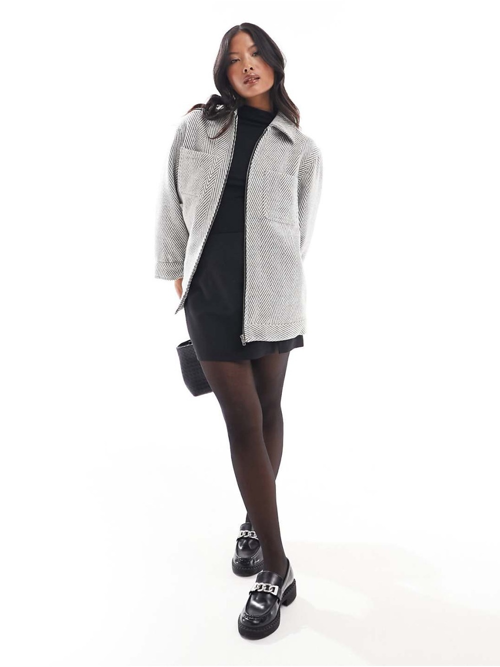 ASOS Design Petite Top Collar Jacket in Light Grey Herringbone